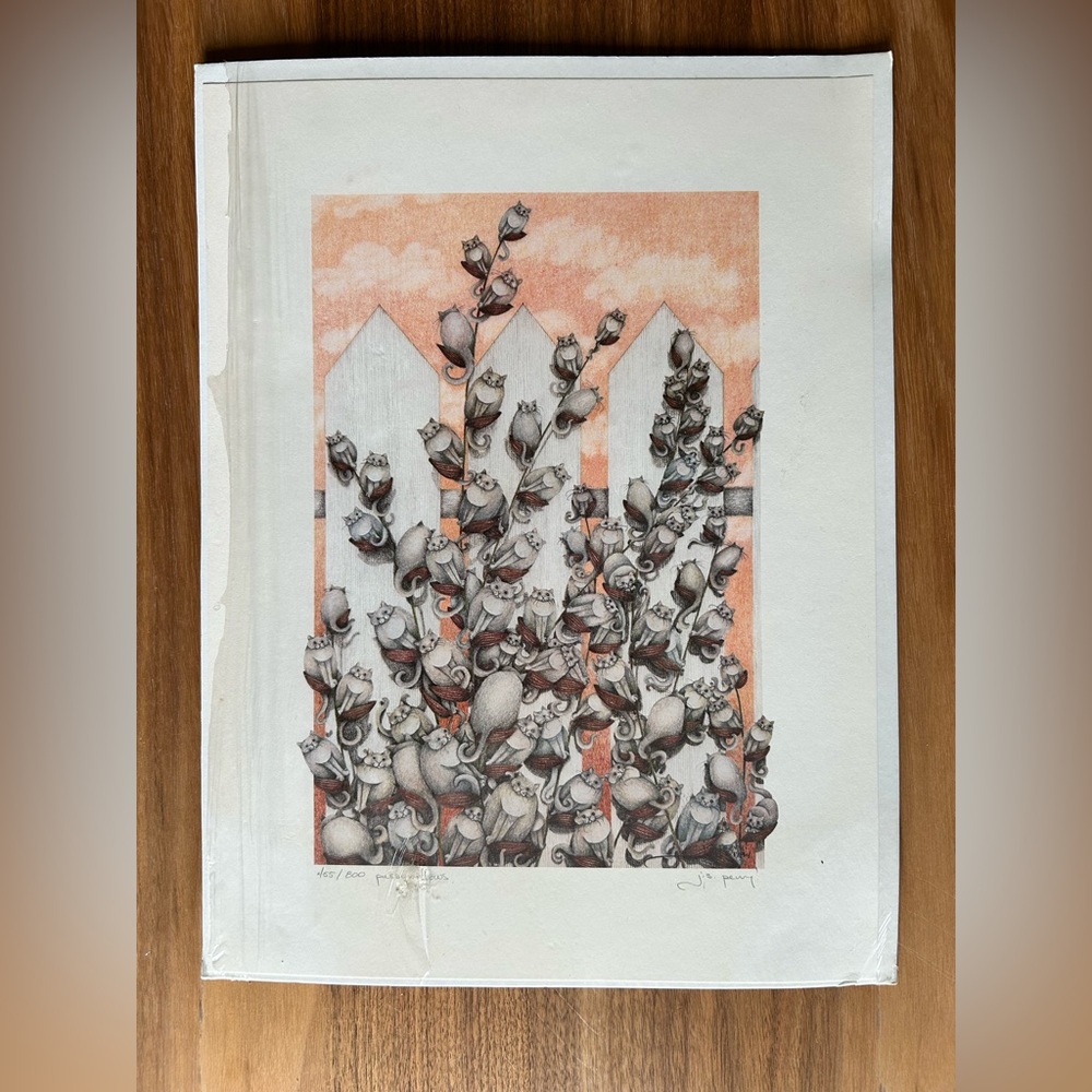Cat Art J.S. Perry Signed Print 455/800 "Pussywillows" Jamie S. Perry Garden Cat